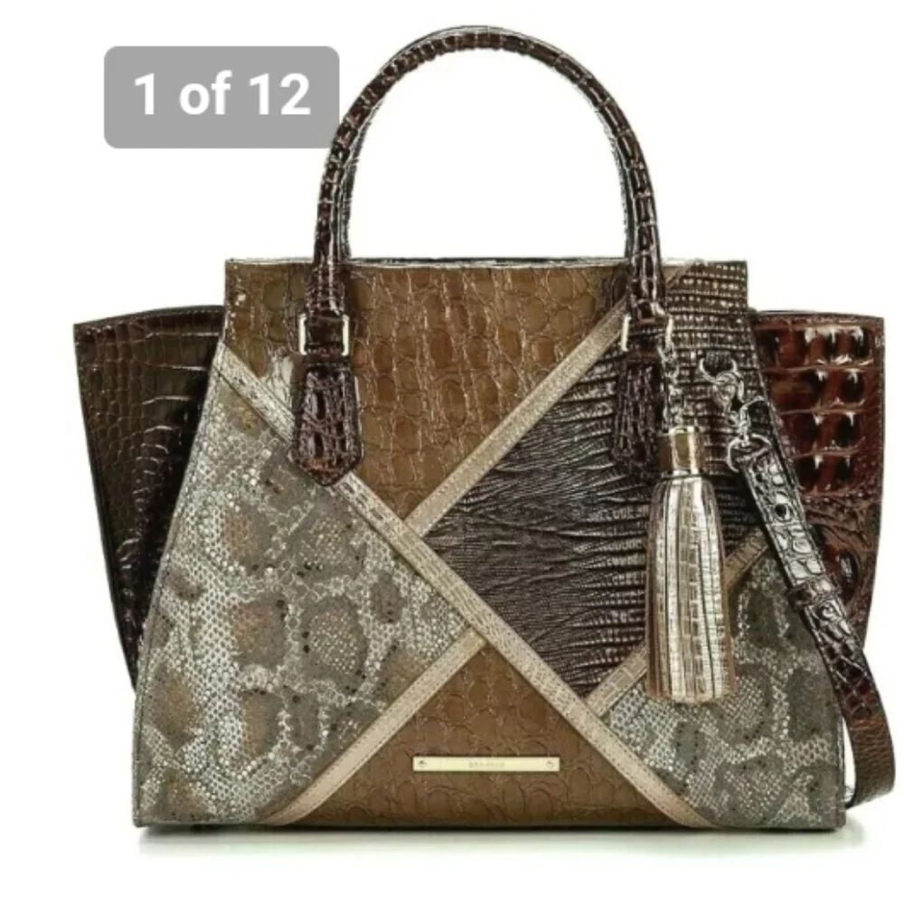 🖤▪️BRAHMIN▪️ TAUPE Tempera PRISCILLA Croc Satchel  Python Patchwork + Wallet